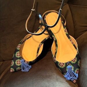 J. Crew Black Patterned Pointed Ankle-strap Flats with Blue Tassels